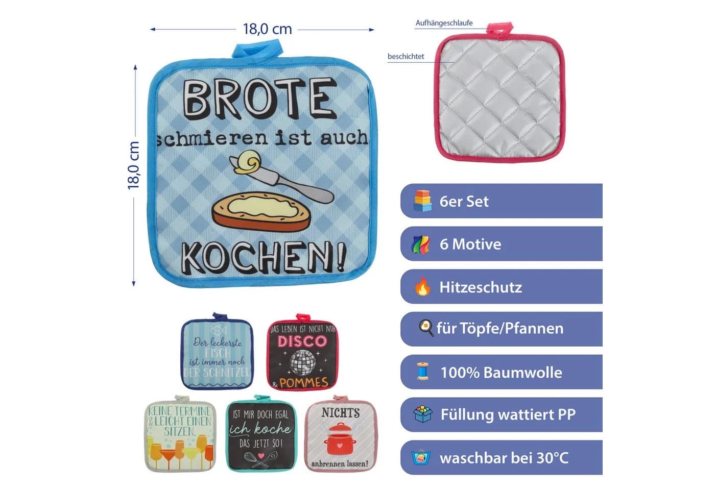 CEPEWA Topflappen 6er Set Sprüche Polyester bunt