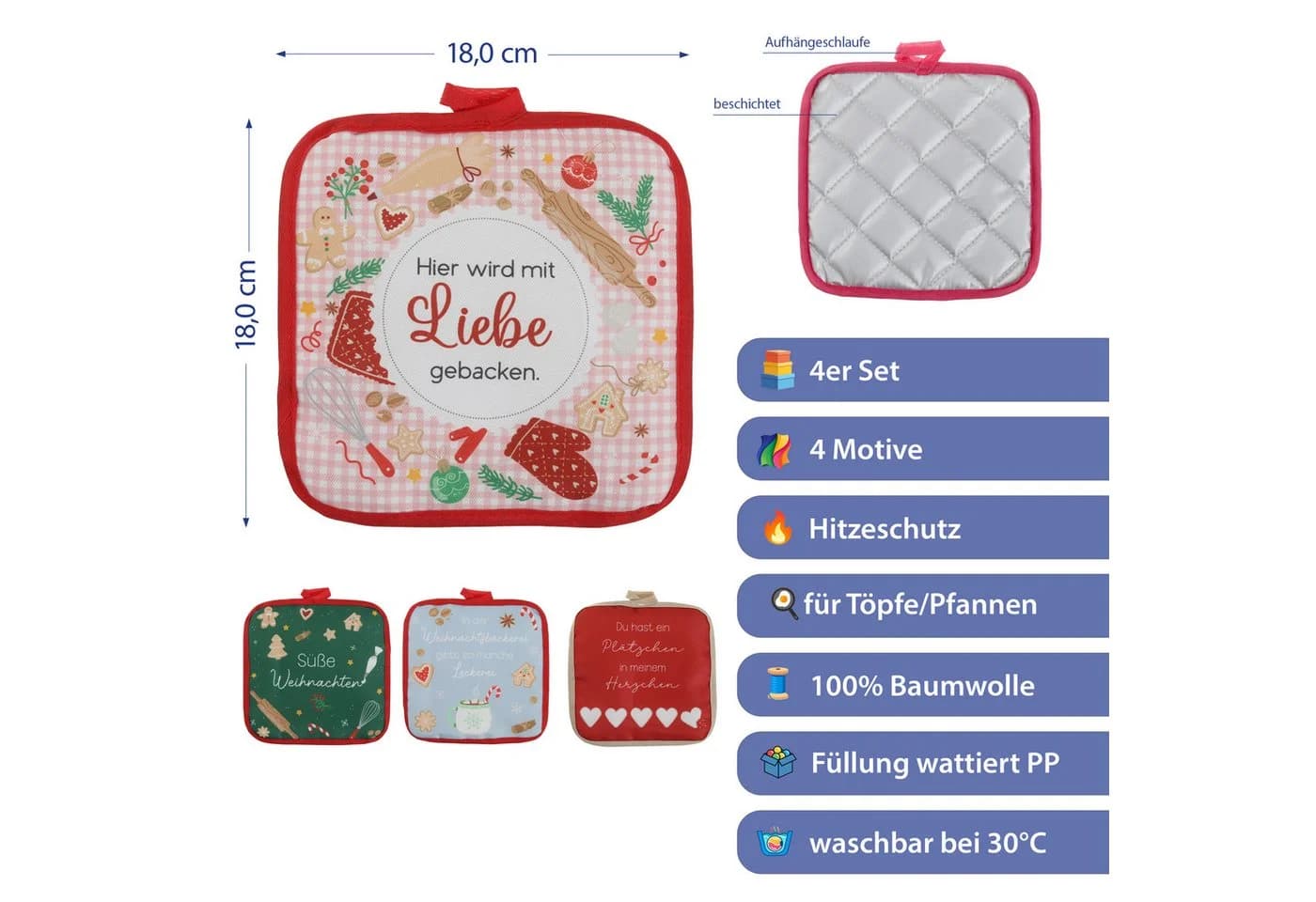 CEPEWA Topflappen 4er Set Weihnachten Polyester Baumwolle