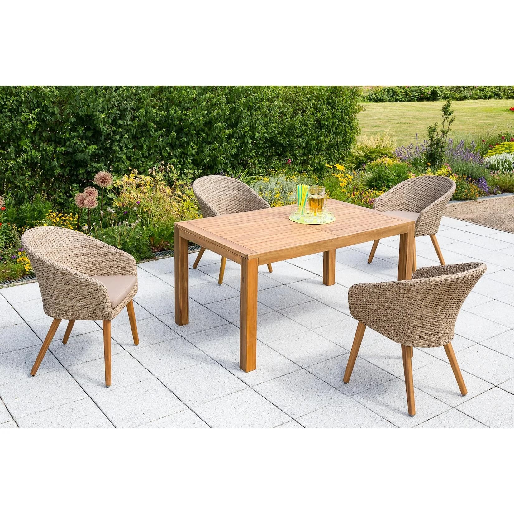 Merxx Arrone 5-tlg. Ausziehtisch-Set Beige Akazienholz Kunststoffgeflecht
