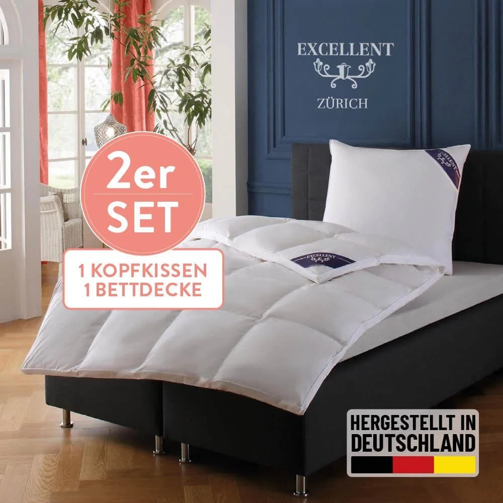 EXCELLENT Daunenbettdecke mit 3-Kammer-Kopfkissen Weiß Premium