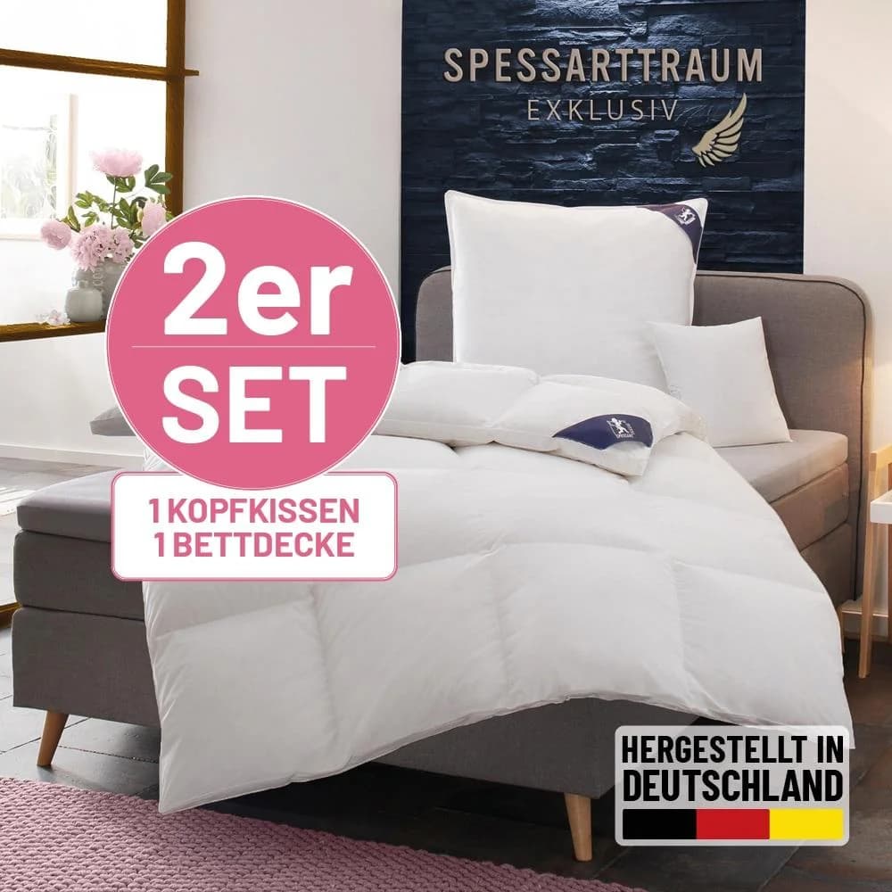 Spessarttraum Daunenbettdecke Set mit 3-Kammer-Kopfkissen Weiß