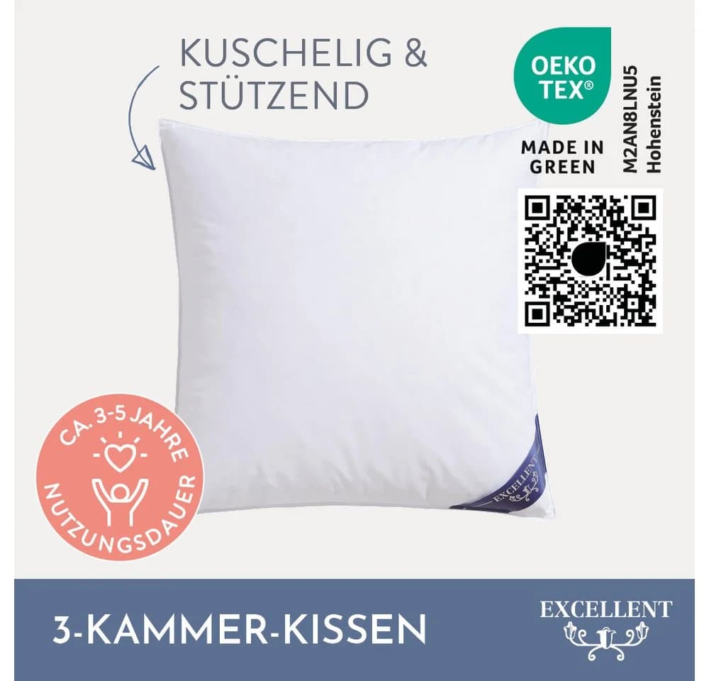 EXCELLENT 3-Kammer-Kopfkissen Weiß Baumwolle Daunen Federn