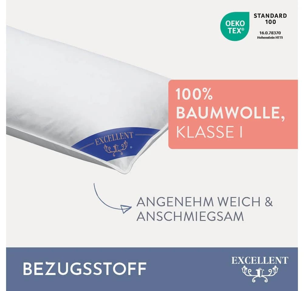 Federkopfkissen EXCELLENT Zürich Weiß 100% Baumwolle Federn Daunen - Bild 4