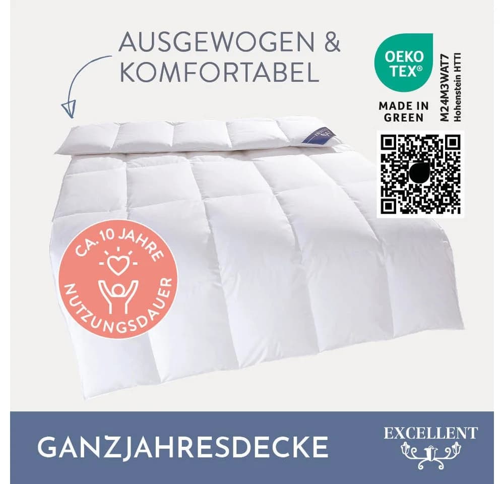 EXCELLENT Gänsedaunenbettdecke Davos Weiß 100% Baumwolle