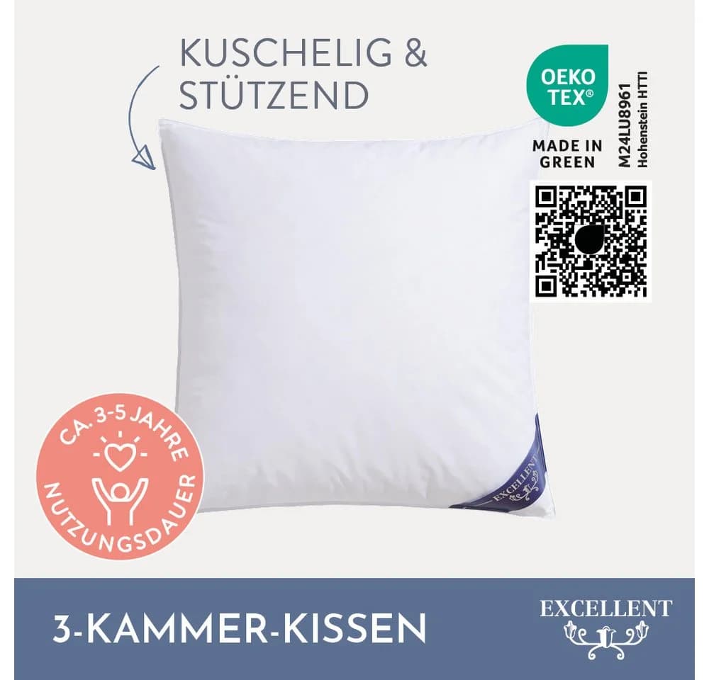 EXCELLENT 3-Kammer-Kopfkissen Venedig Weiß 80x80cm Baumwolle Daunen Federn - Bild 1