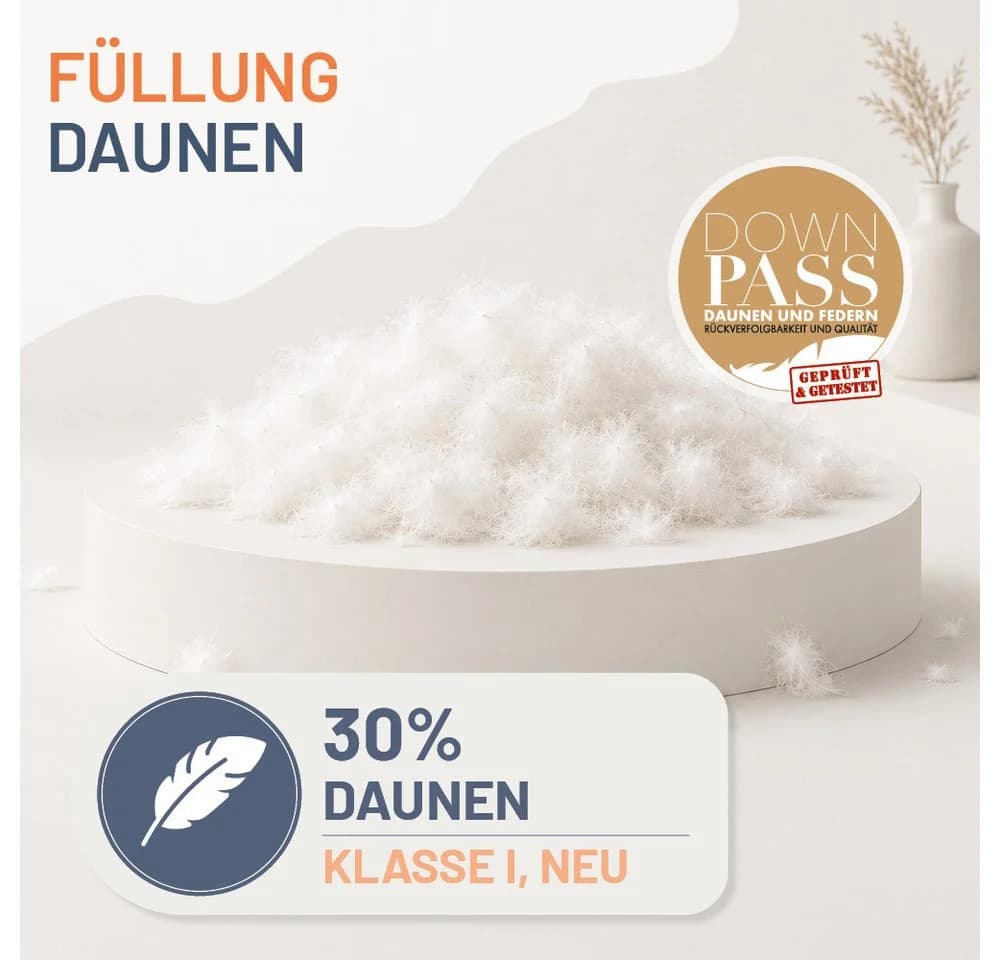 casimum Daunenkissen Premium 80x80, 40x80, 70% Federn 30% Daunen, Klasse 1, Downpass zertifiziert, Bezug 100% Baumwolle, Rückenschläfer, Seitenschläfer, hergestellt in Deutschland - Bild 3