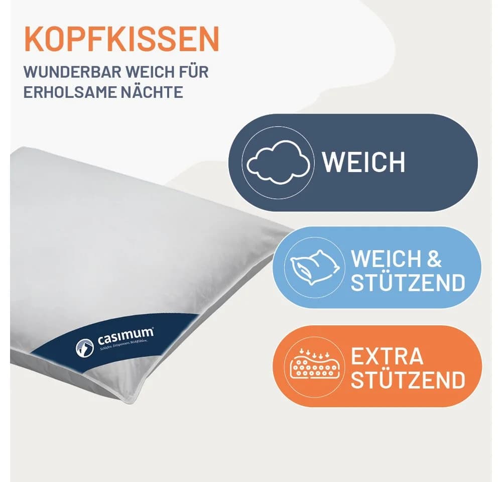 casimum Daunenkissen Premium 80x80, 40x80, 70% Federn 30% Daunen, Klasse 1, Downpass zertifiziert, Bezug 100% Baumwolle, Rückenschläfer, Seitenschläfer, hergestellt in Deutschland - Bild 4