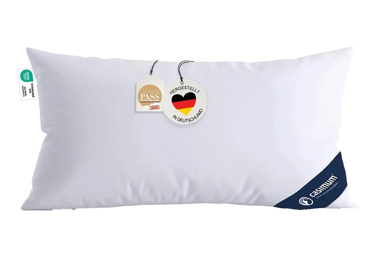 casimum 3-Kammer-Kopfkissen Premium Daunenkissen 80x80, 40x80, weich & stützend, Füllung: weiße neue Daunen und Federn, Klasse I, Bezug: 100 % Baumwolle, Rückenschläfer, Seitenschläfer, hergestellt in Deutschland, für Allergiker geeignet, 80 x 80 & 40 x 80 - Bild 2