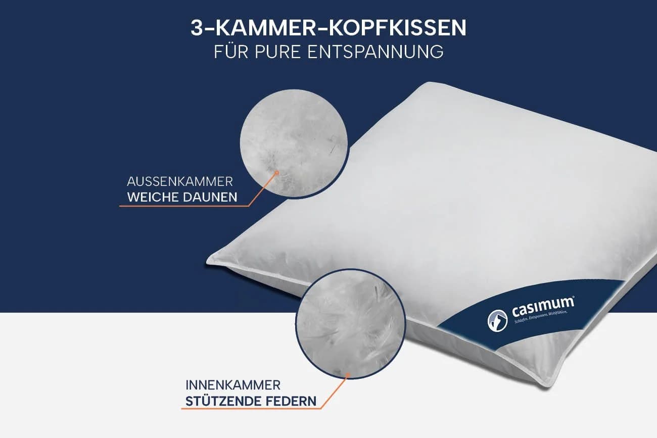 casimum 3-Kammer-Kopfkissen Premium Daunenkissen 80x80, 40x80, weich & stützend, Füllung: weiße neue Daunen und Federn, Klasse I, Bezug: 100 % Baumwolle, Rückenschläfer, Seitenschläfer, hergestellt in Deutschland, für Allergiker geeignet, 80 x 80 & 40 x 80 - Bild 5