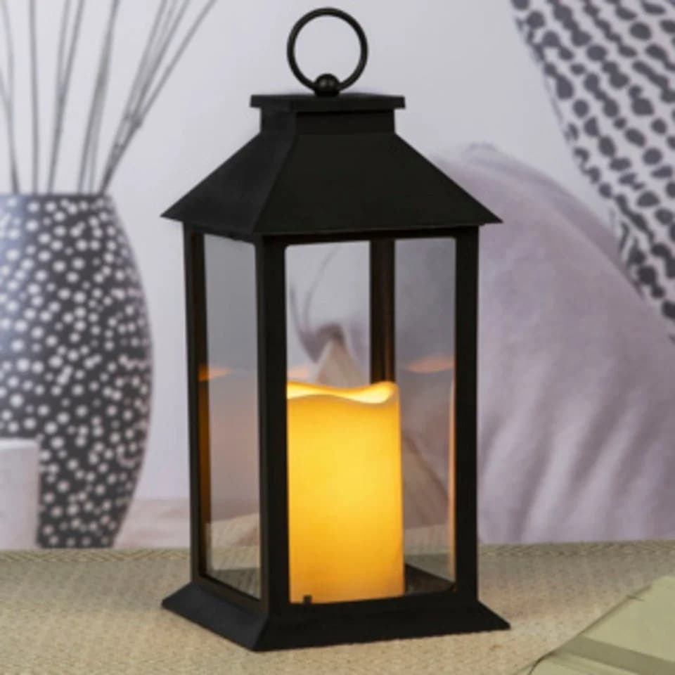 HI LED Laterne Dekorative Laterne Schwarz Kunststoff mit Echtglas