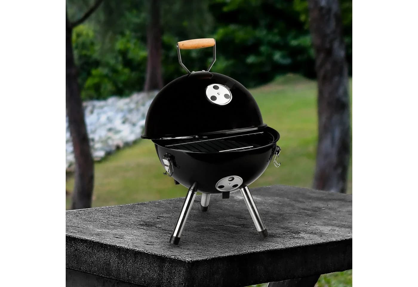 Haushalt International Mini-Kugelgrill Schwarz mit Holzgriff