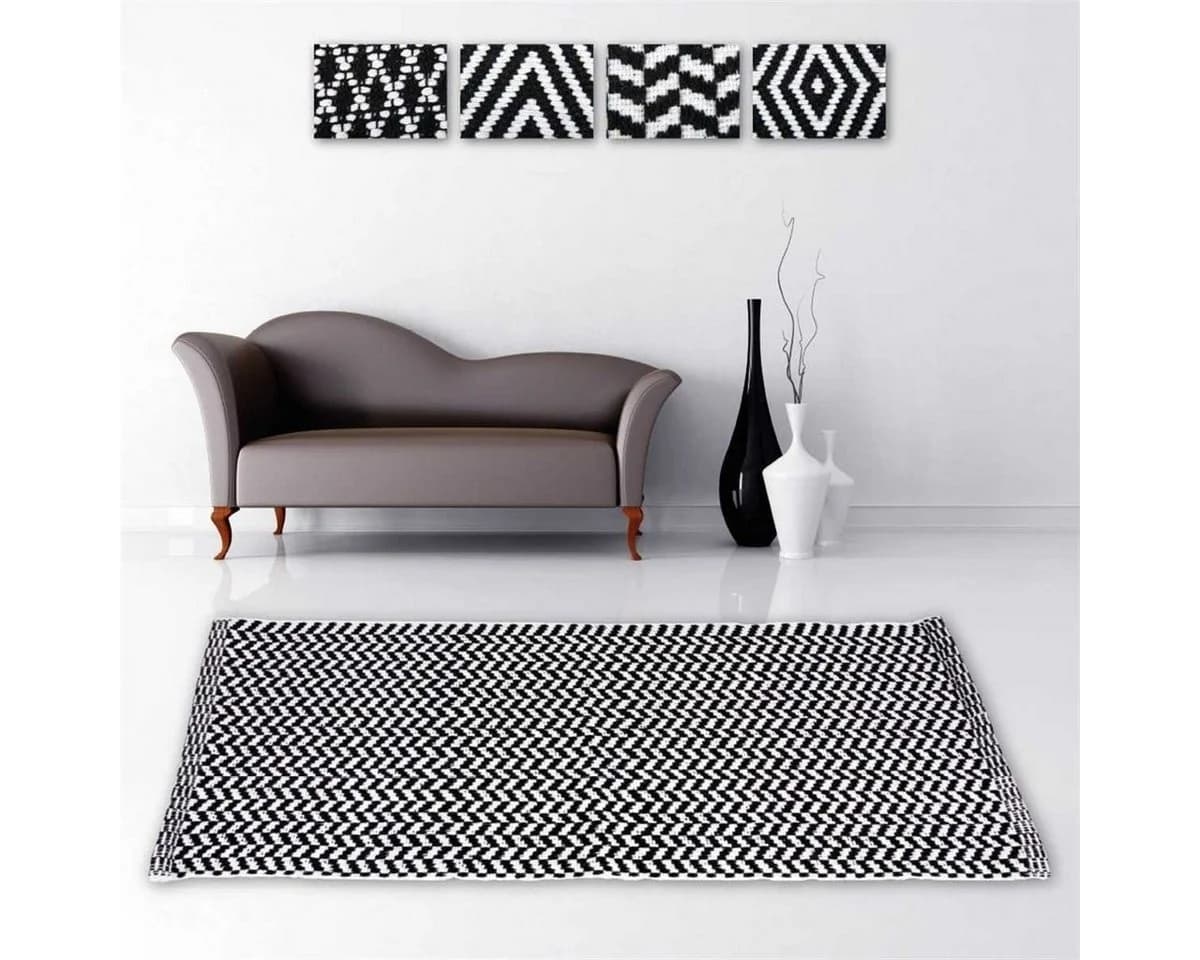 Pro Home Teppich eckig 100% Baumwolle Schwarz Weiß Flickenteppich