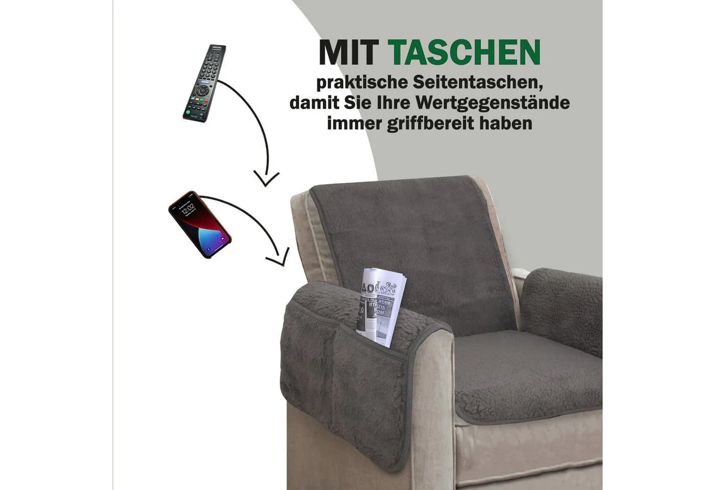 Bestlivings Sesselschoner Grau Lammflor Optik mit Taschen - Bild 3