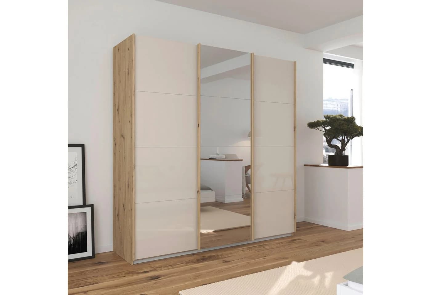 OTTO HOME Schwebetürenschrank AGORDO mit Glasfront Beige Eiche Artisan