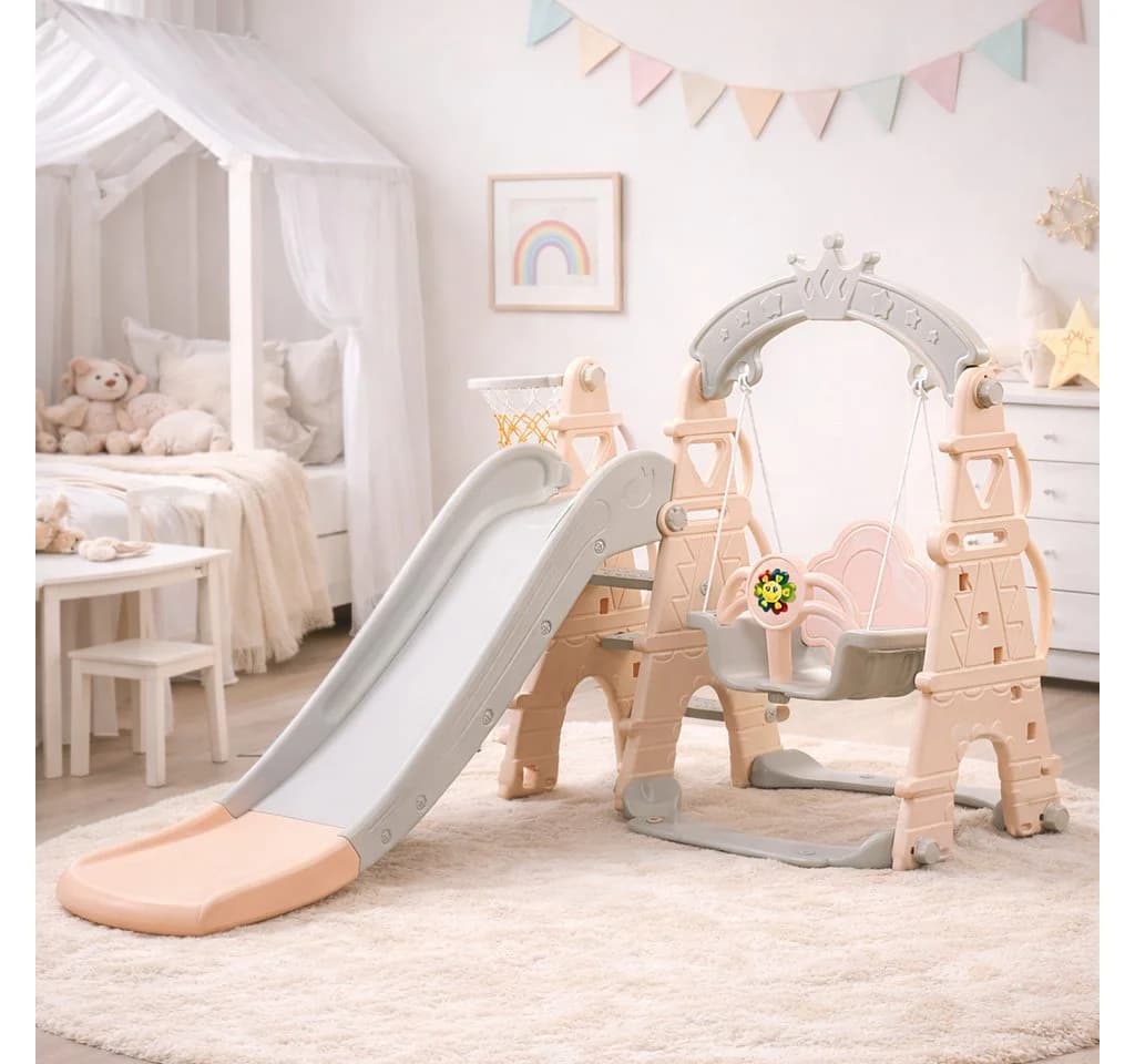 Sweety-Toys 3-in-1 Schaukel und Rutsche mit Basketballkorb Rosa-Grau - Bild 2