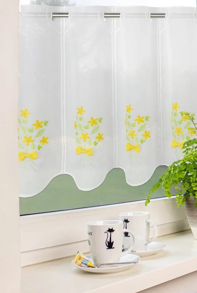 EXPERIENCE Scheibengardine Fay Weiß Blumen Schleife Grün Gelb 45x155 cm - Bild 2