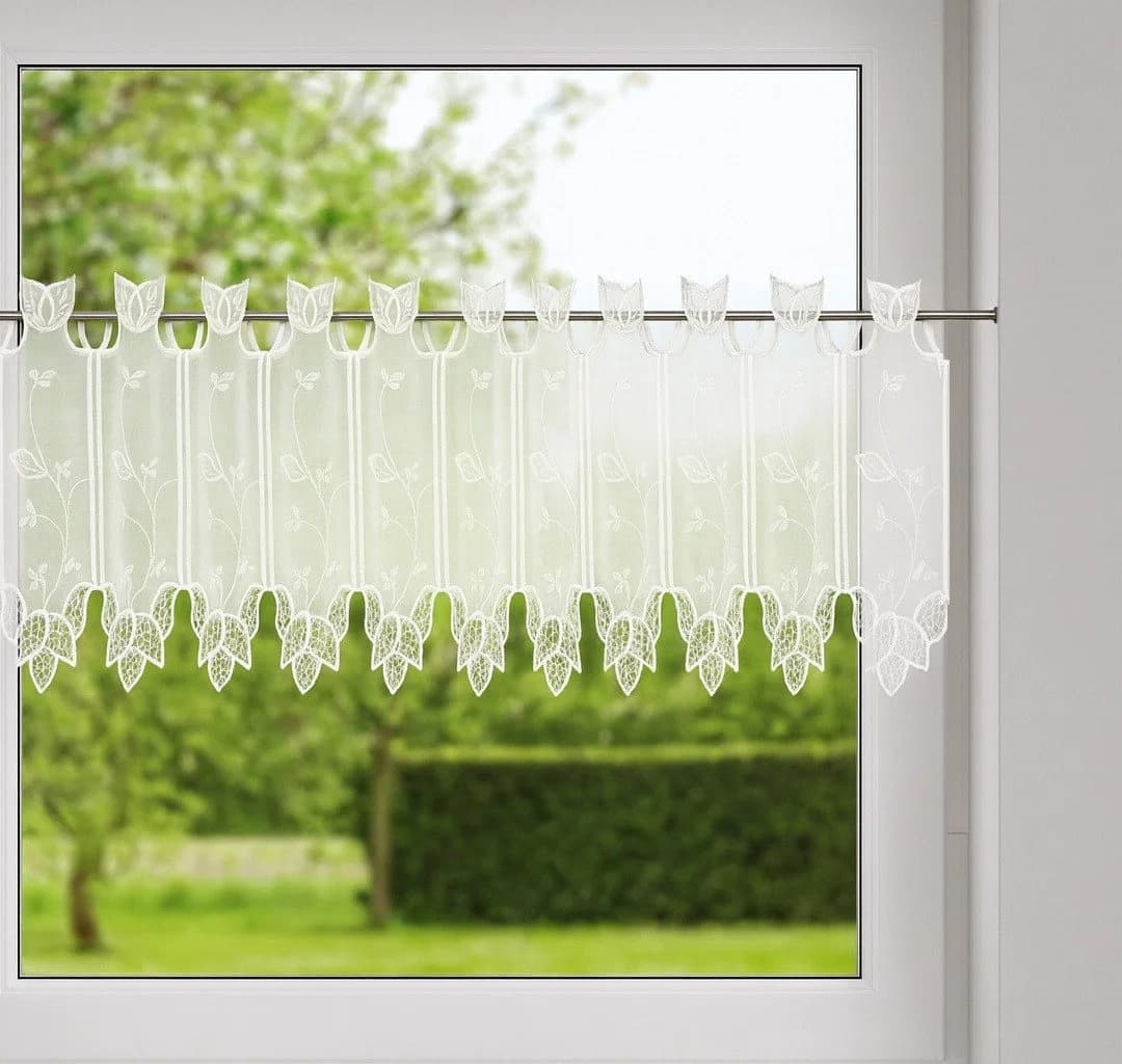 Scheibengardine Bistrogardine Leinenoptik Blätter Makramee 150x30cm