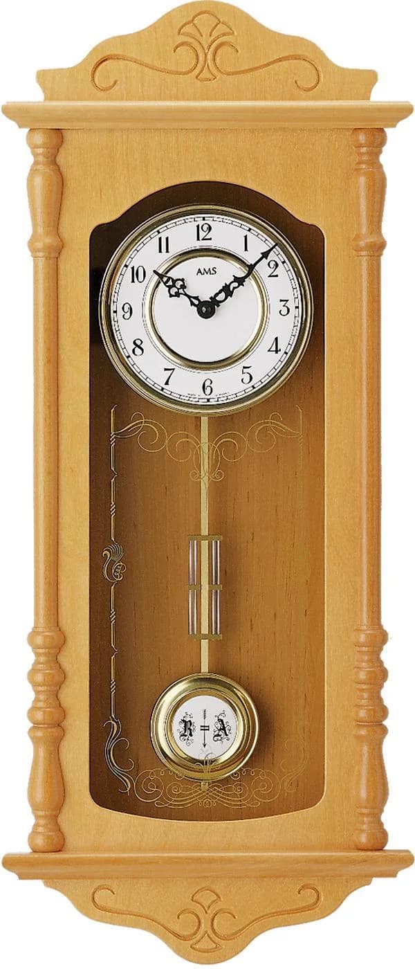 AMS Pendelwanduhr W7013/16 Quarzuhr Holz Glas Erle