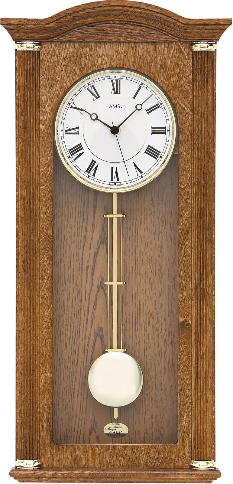 AMS Funk-Pendelwanduhr F5014/4 Quarzuhr Holz Glas Eiche mit Alarm