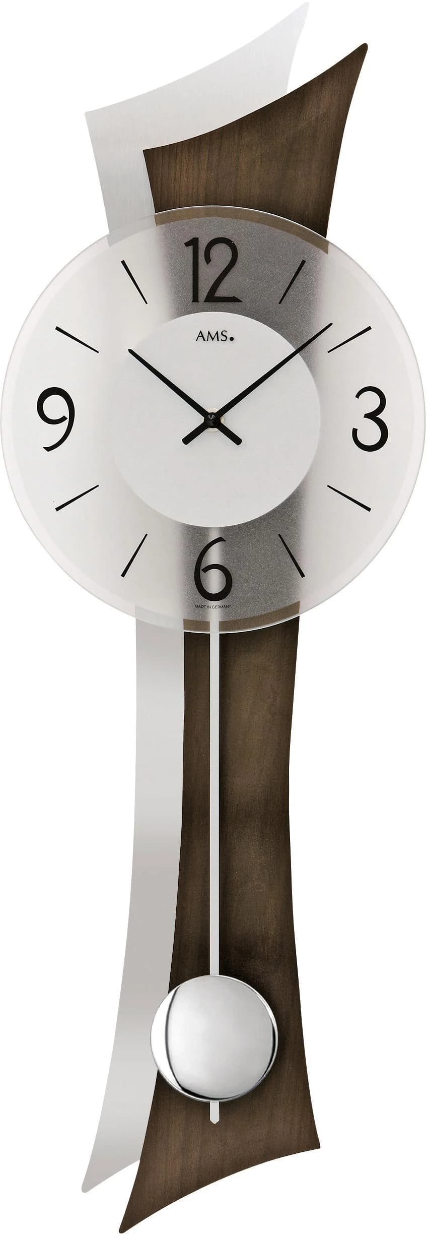 Pendelwanduhr AMS W7425/1 Silber Nussbaumfarben Quarzuhr Holz Aluminium