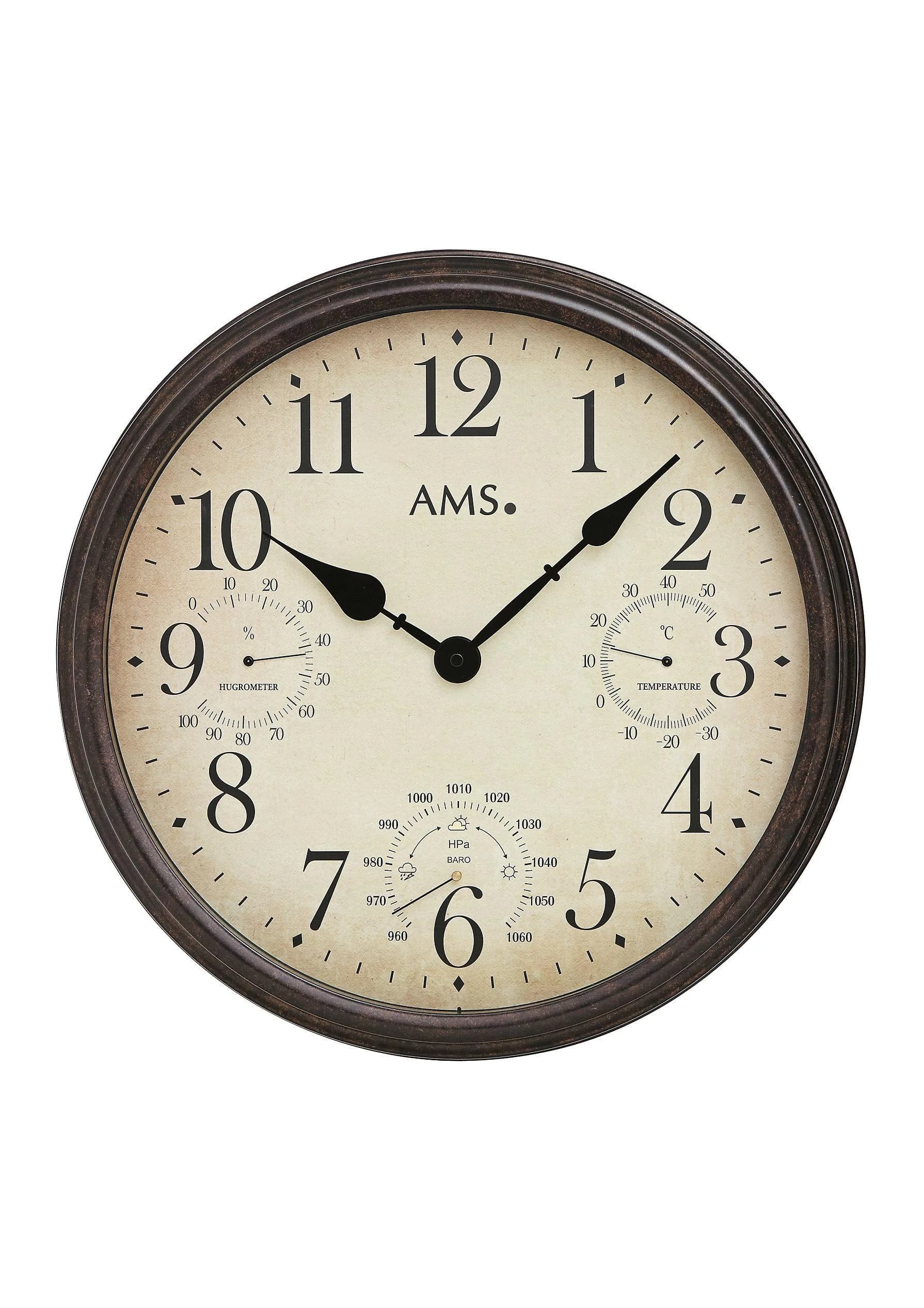 AMS Wanduhr W9463 Braun Beige Quarzuhr mit Temperaturanzeige