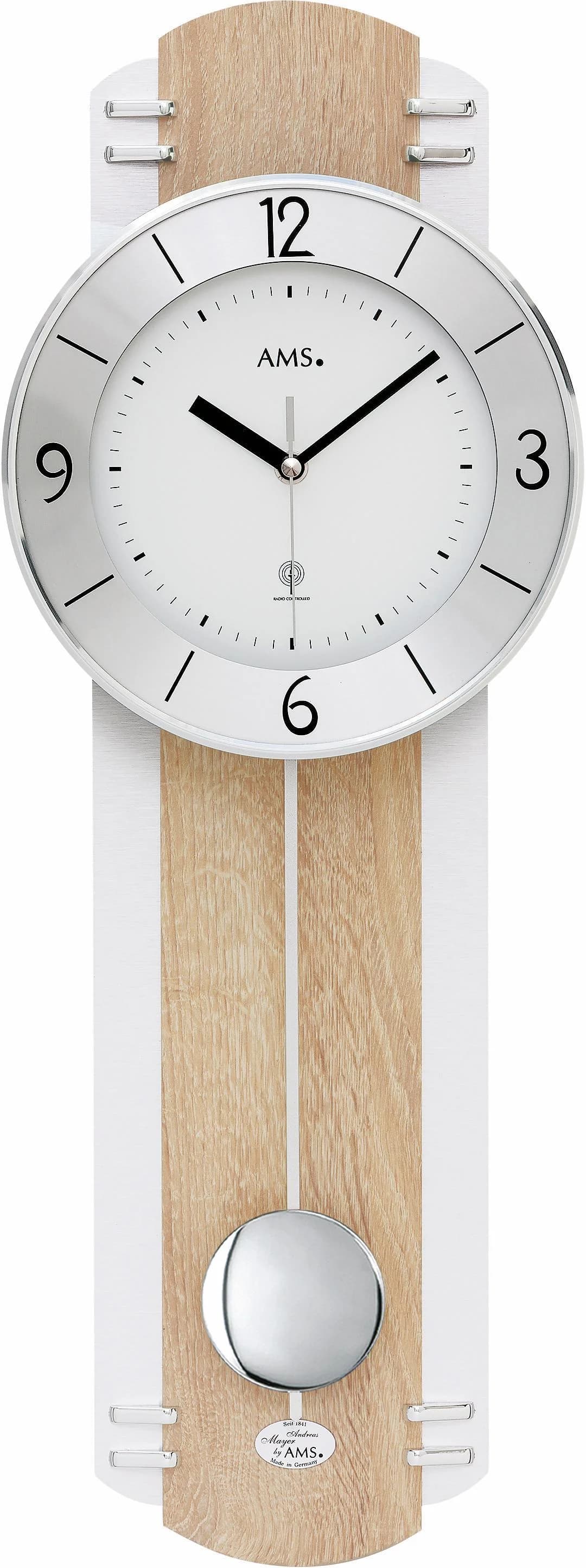 AMS Funk-Pendelwanduhr F5291 Braun Nussbaum Quarz