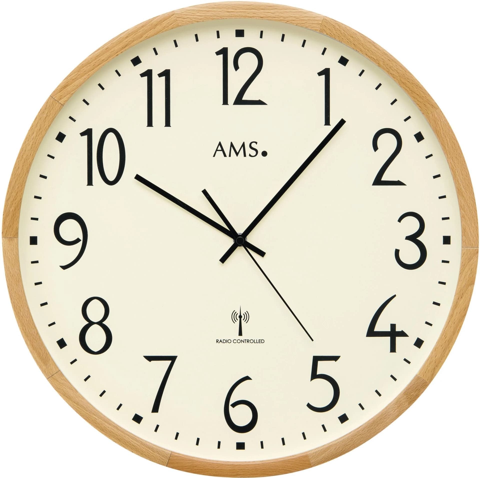 AMS Funkwanduhr F5534 Braun Buche Glas Quarz