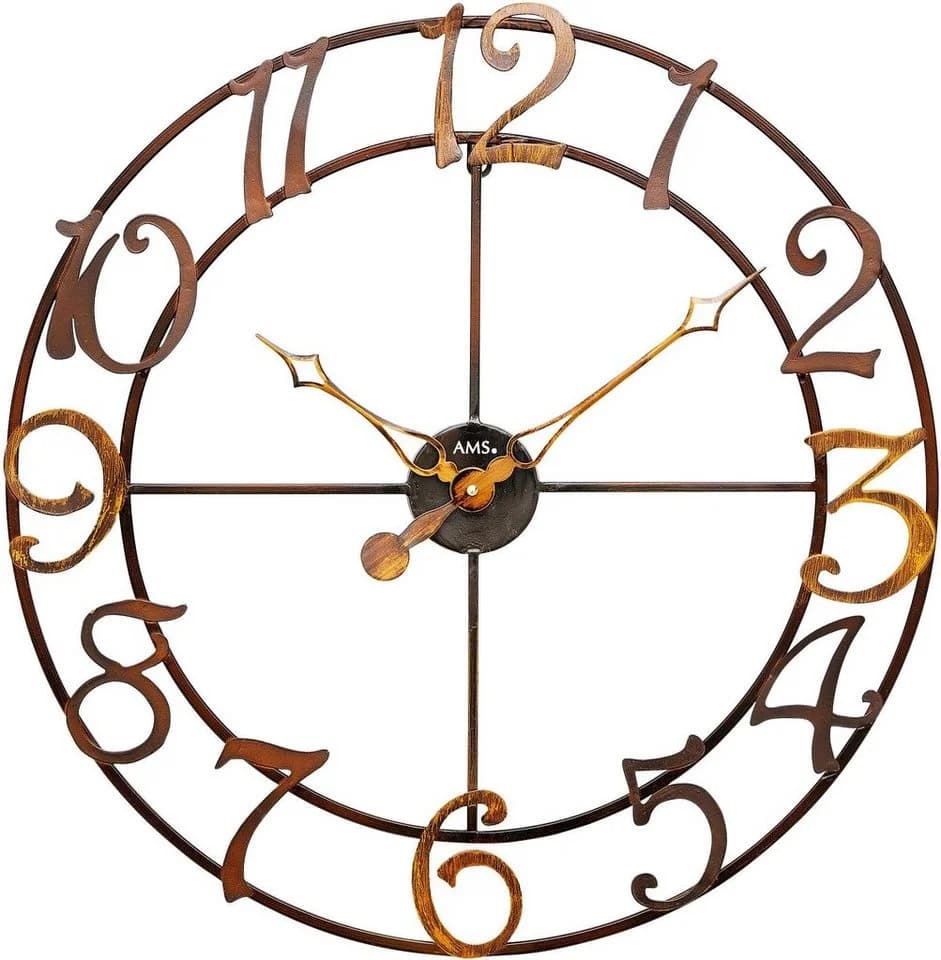 AMS Wanduhr W9566 Quarzuhr Braun Metallgehäuse für Wohnzimmer & Büro