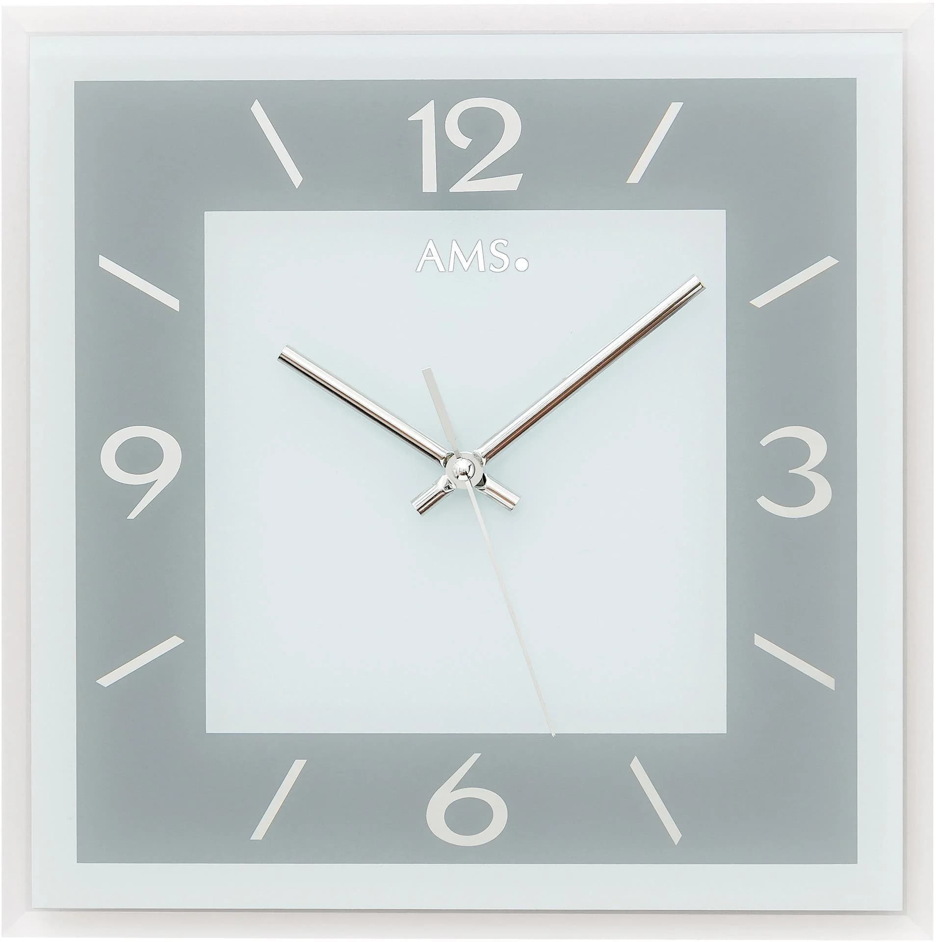 AMS Wanduhr W9573 Silber Glas Quarzuhr