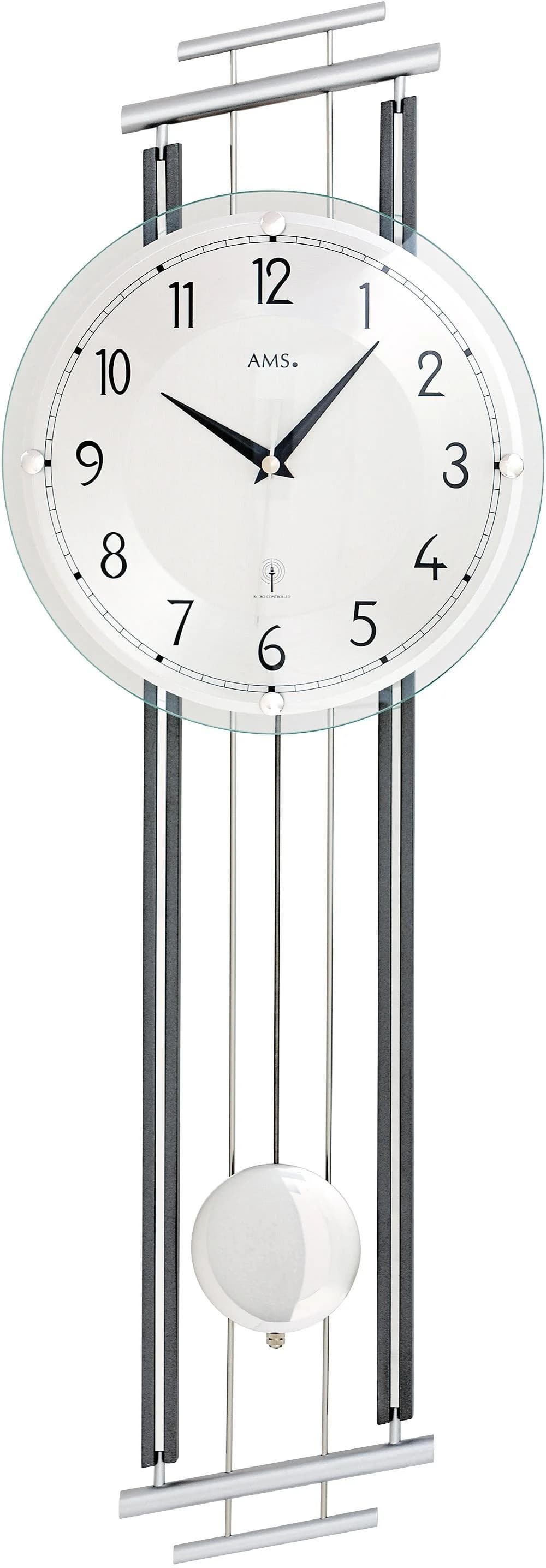 AMS Funk-Pendelwanduhr F5314 Silber Anthrazit Aluminium Holz