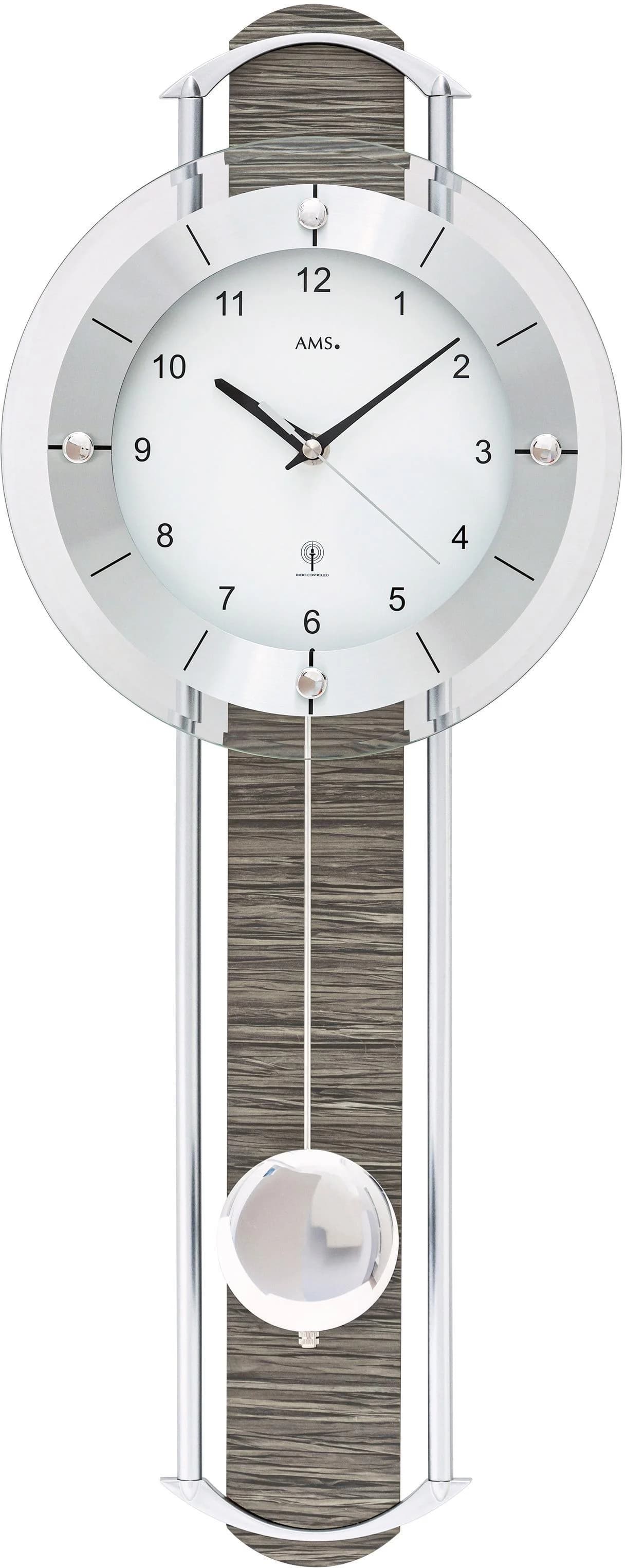 AMS Funk-Pendelwanduhr F5304 Aluminium-Holzgehäuse Braun/Schwarz/Silber