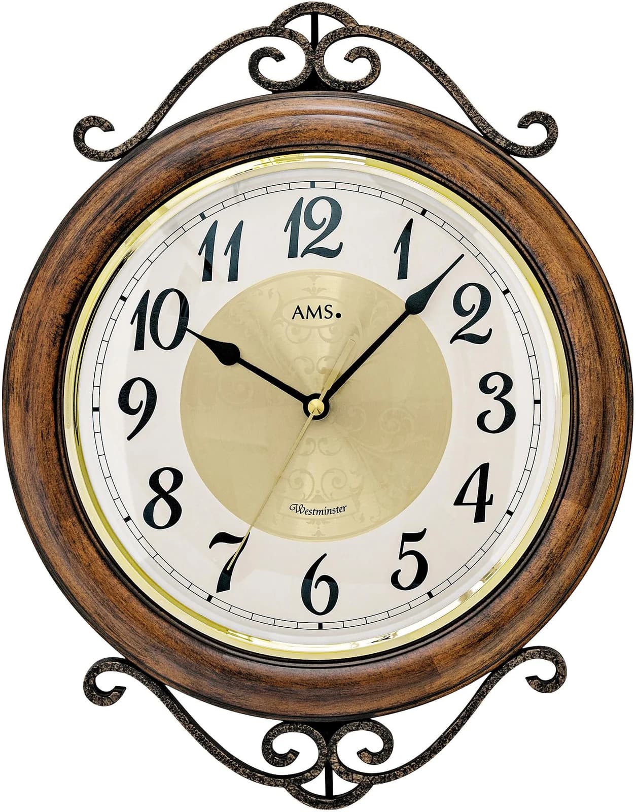 AMS Wanduhr W9565 Quarzuhr Eschenholz Nussbaumfarben Silber