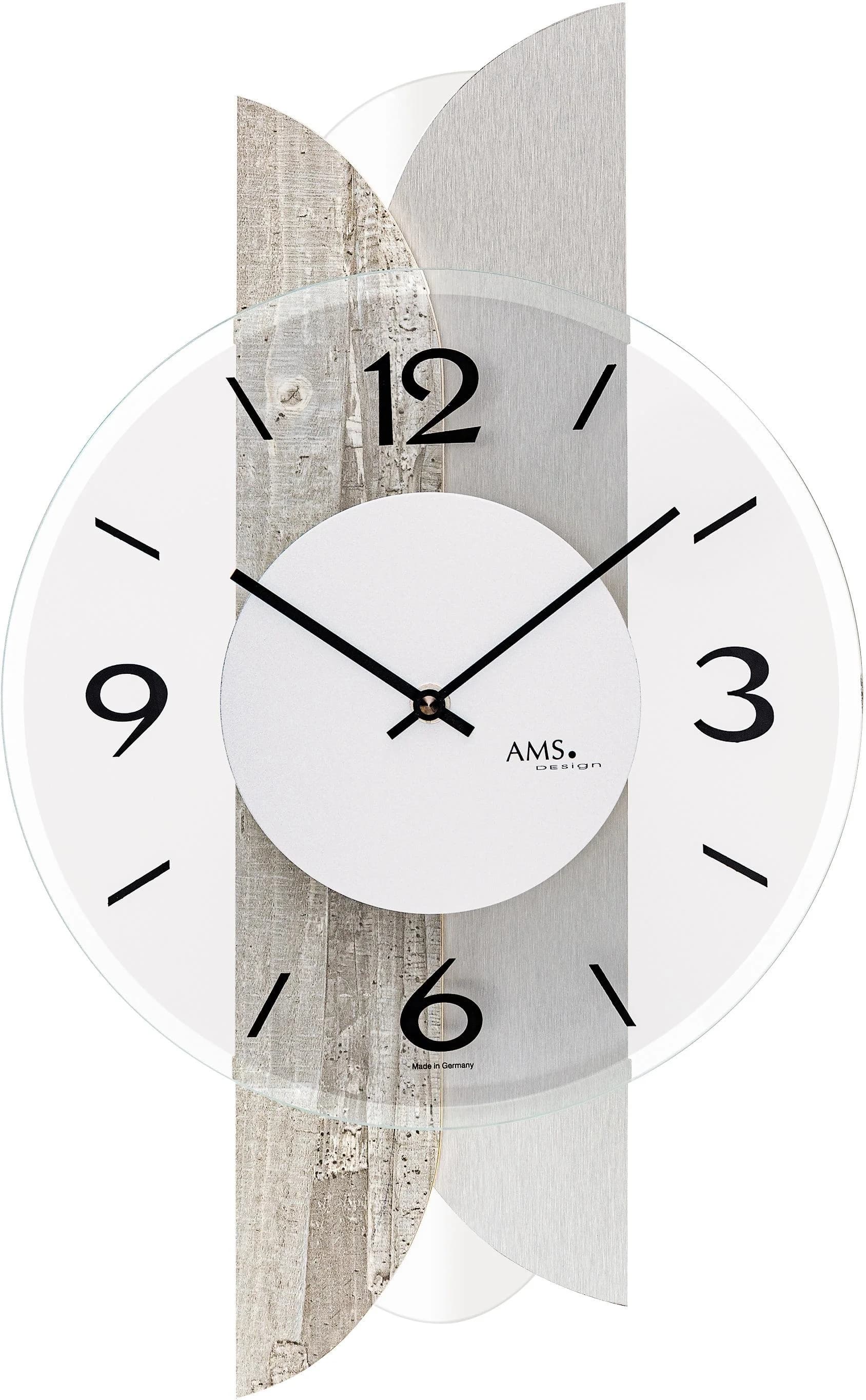 AMS Wanduhr W9668 Silber Holz Glas Made in Germany