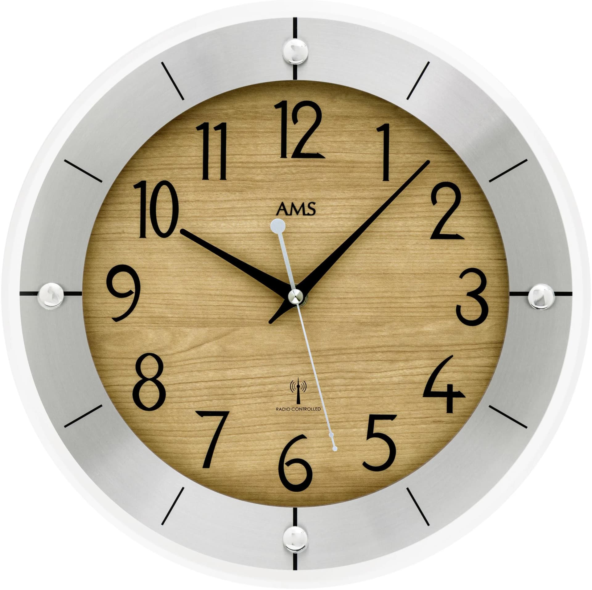 AMS Funkwanduhr Silber Quarzuhr 31cm Made in Germany