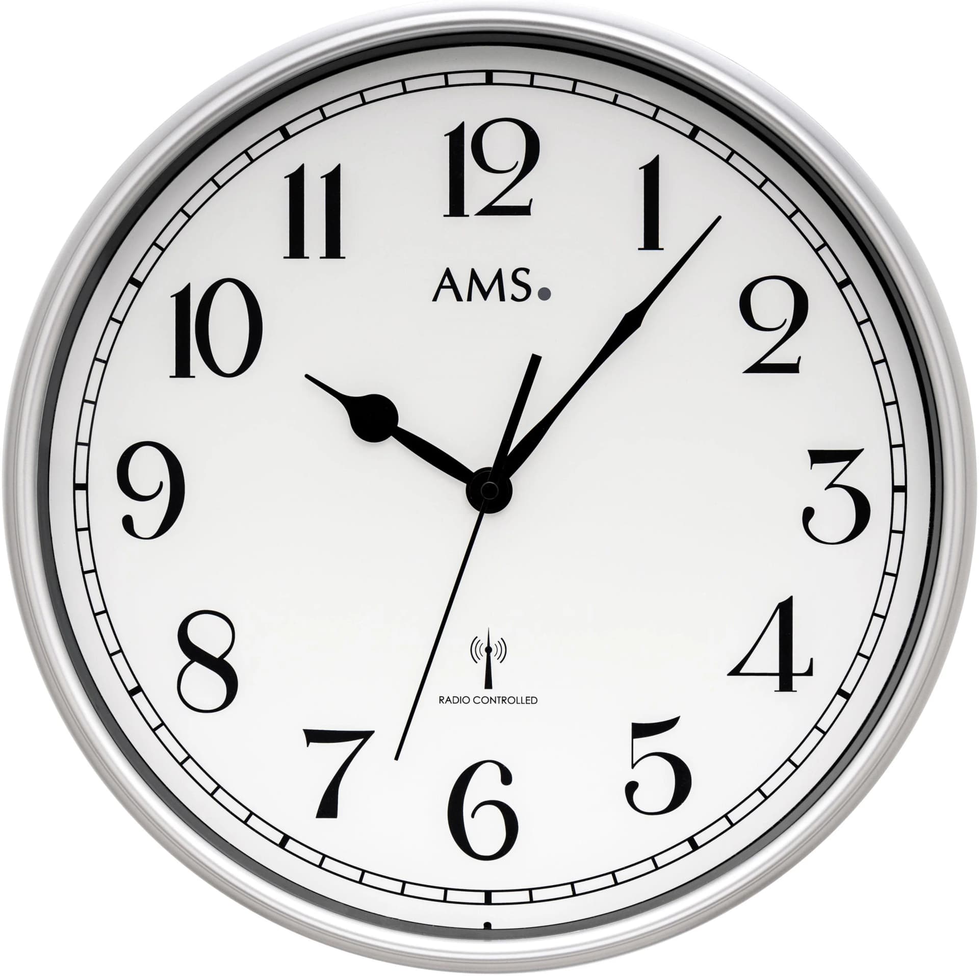 AMS Funkwanduhr Silber 37cm Quarzuhr Wanduhr