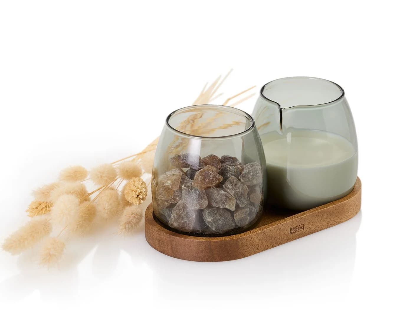 AdHoc Milchkännchen und Zuckerdose Yuna Set mit Holzuntersetzer Rauchgrau