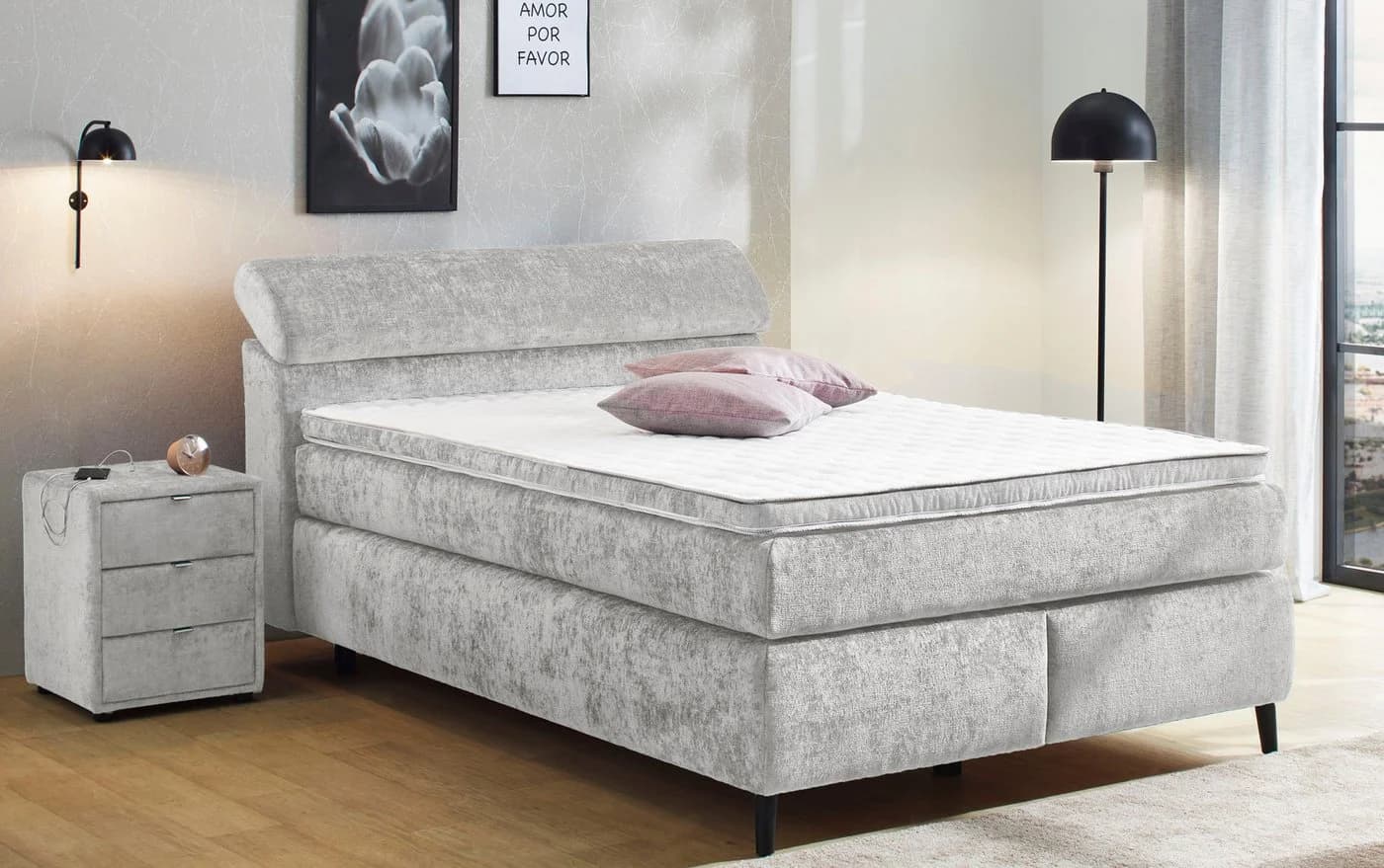 Jockenhöfer Boxspringbett Diva hellgrau mit höhenverstellbarem Kopfteil - Bild 2