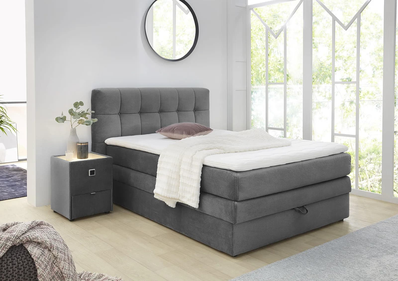 Jockenhöfer Boxspringbett Amy Grau mit Bettkasten und Samtbezug