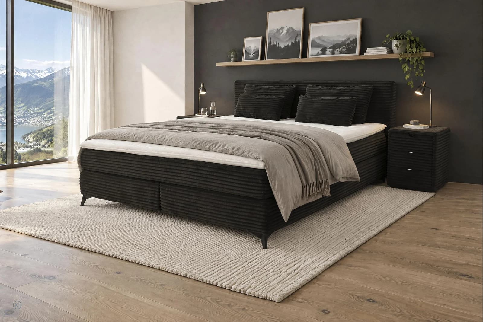 Jockenhöfer Boxspringbett Paulina Schwarz Cord 180x200 mit Topper