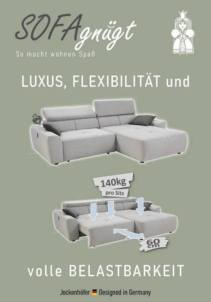Jockenhöfer Gruppe Ecksofa Unos L-Form mit 60cm elektrischer Sitztiefenverstellung, USB, verstellbaren Kopfstützen & Zierkissen - Bild 3
