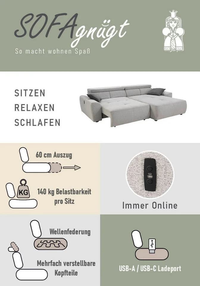 Jockenhöfer Gruppe Ecksofa Unos L-Form mit 60cm elektrischer Sitztiefenverstellung, USB, verstellbaren Kopfstützen & Zierkissen - Bild 4