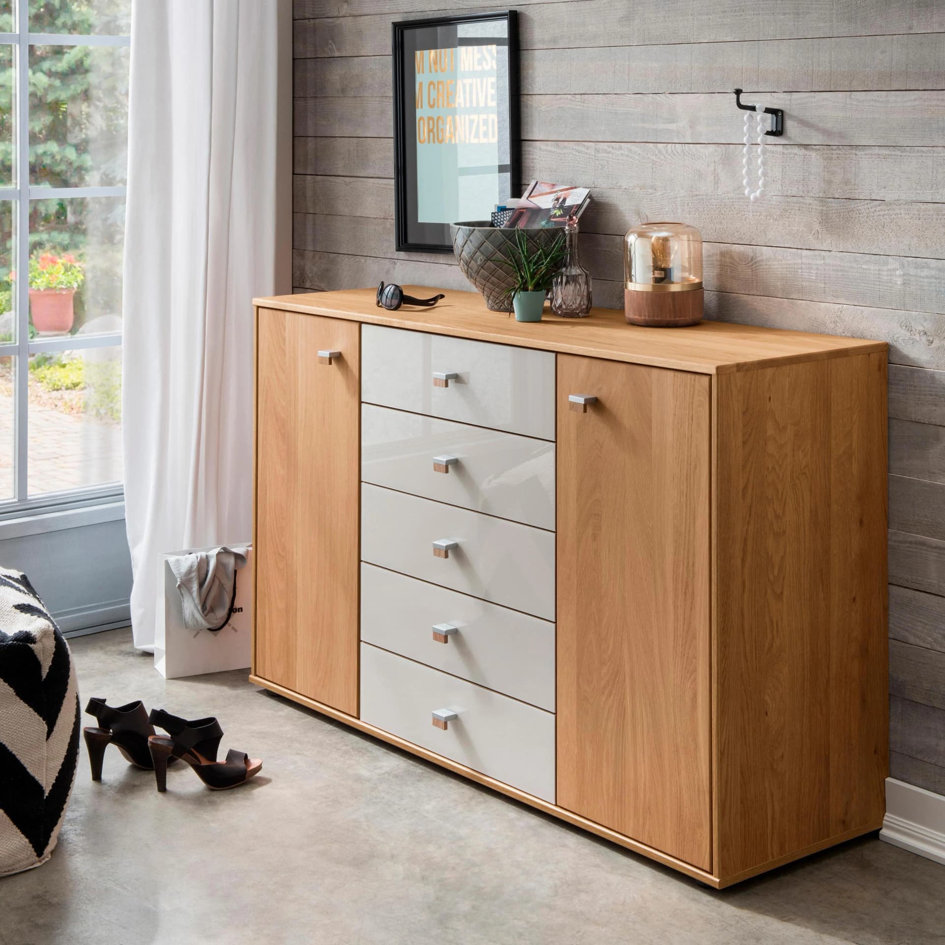 WIEMANN Kombikommode Kiruna Braun Eiche Glas Soft-Close