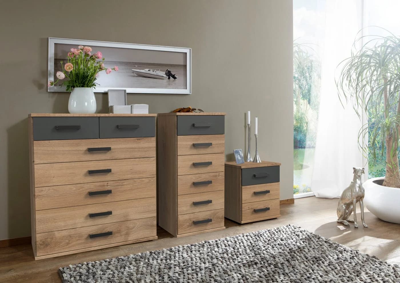 WIMEX Nachtkommode Cork Industrial Design Grau/Braun 3 Schubladen