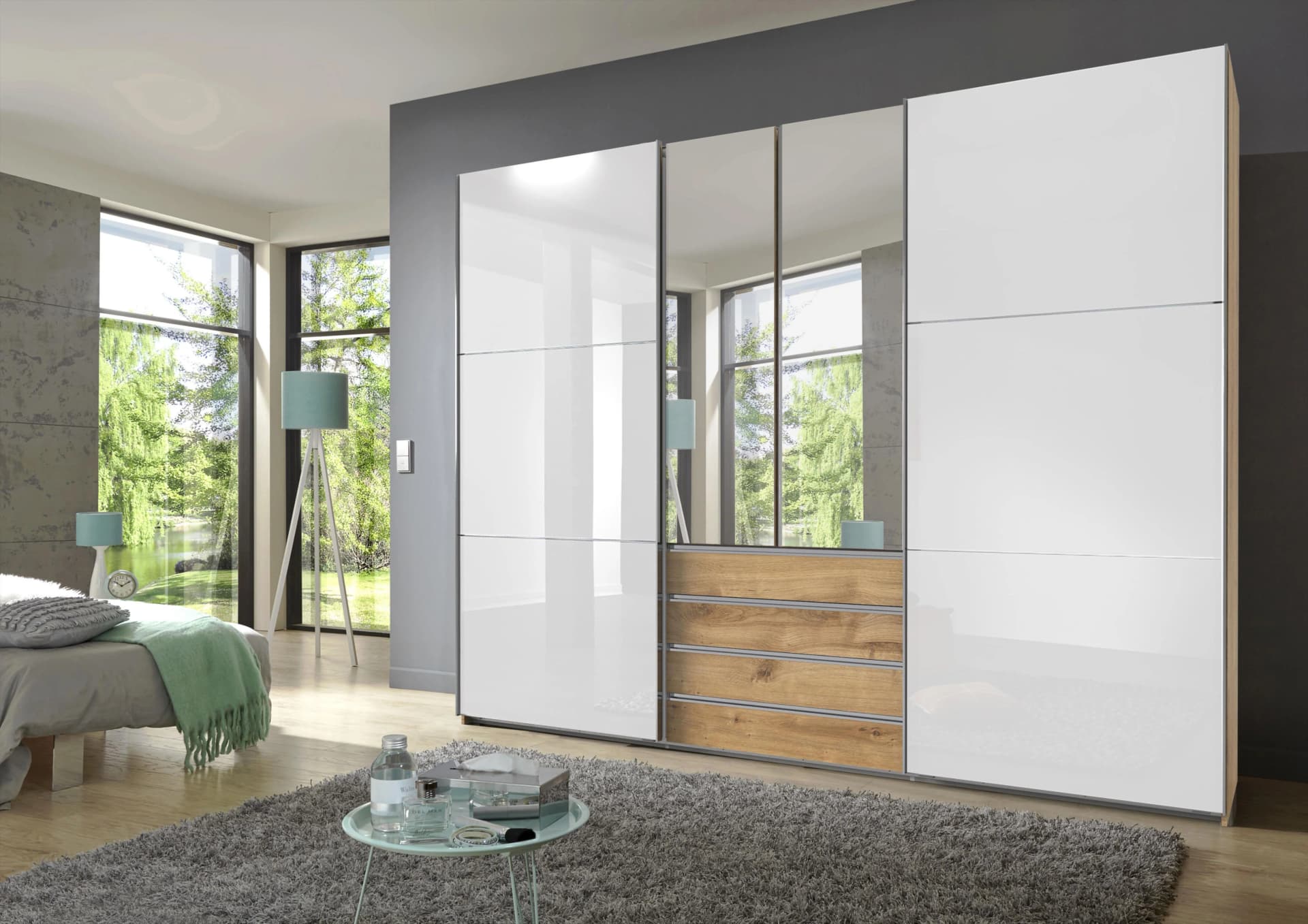 WIMEX Schwebetürenschrank Magic Braun Weiß Glas