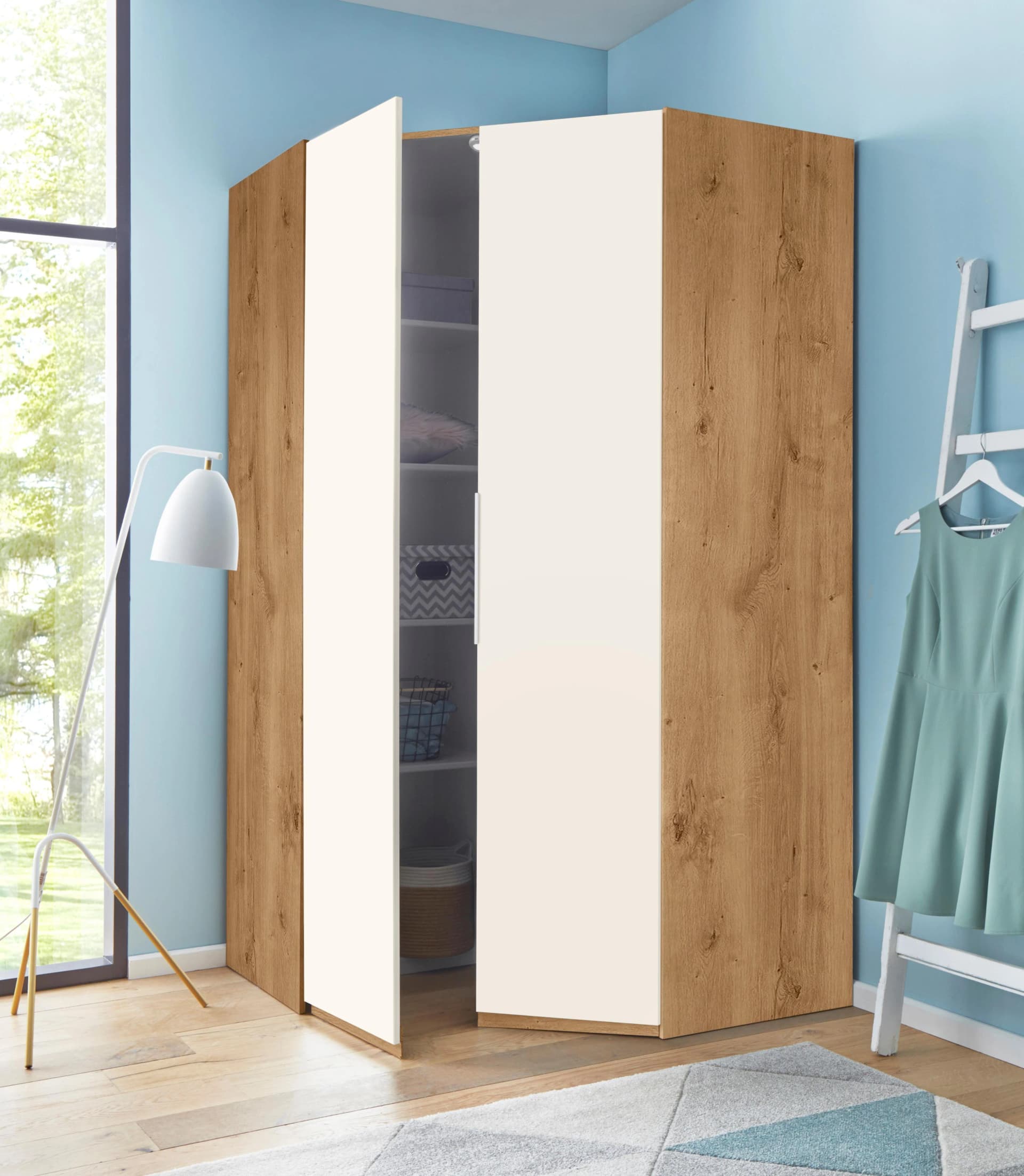 WIMEX Eckkleiderschrank Level by fresh to go Weiß/Plankeneiche