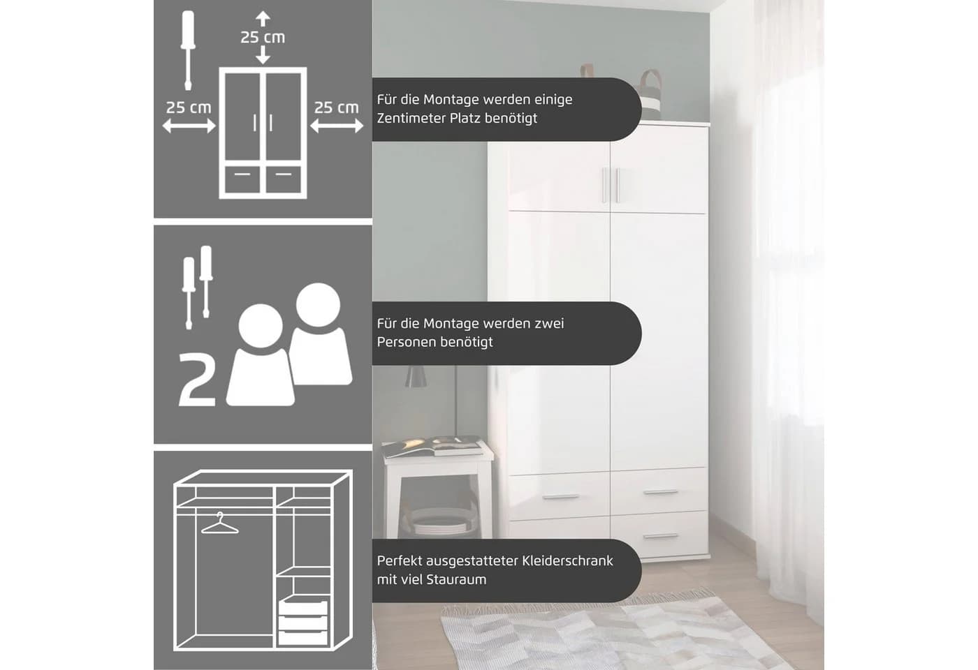 Rauch Kleiderschrank KEMI Weiß mit Schubladen und Schrankaufsatz - Bild 4