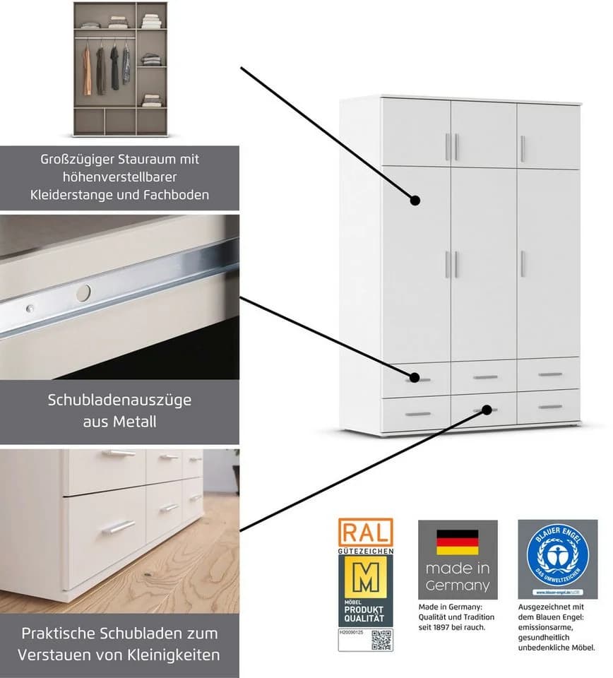 Rauch Kleiderschrank KEMI Weiß mit Schubladen und Schrankaufsatz - Bild 5