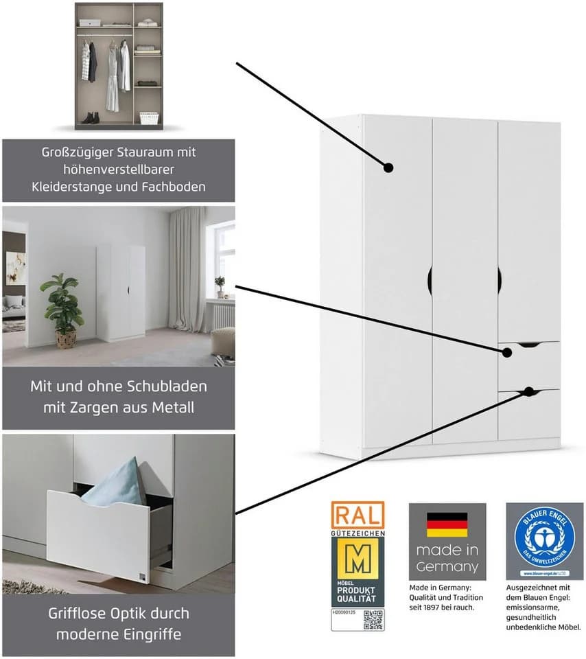 Rauch Kleiderschrank Freising Weiß mit Griffmulden und Schubkästen - Bild 5