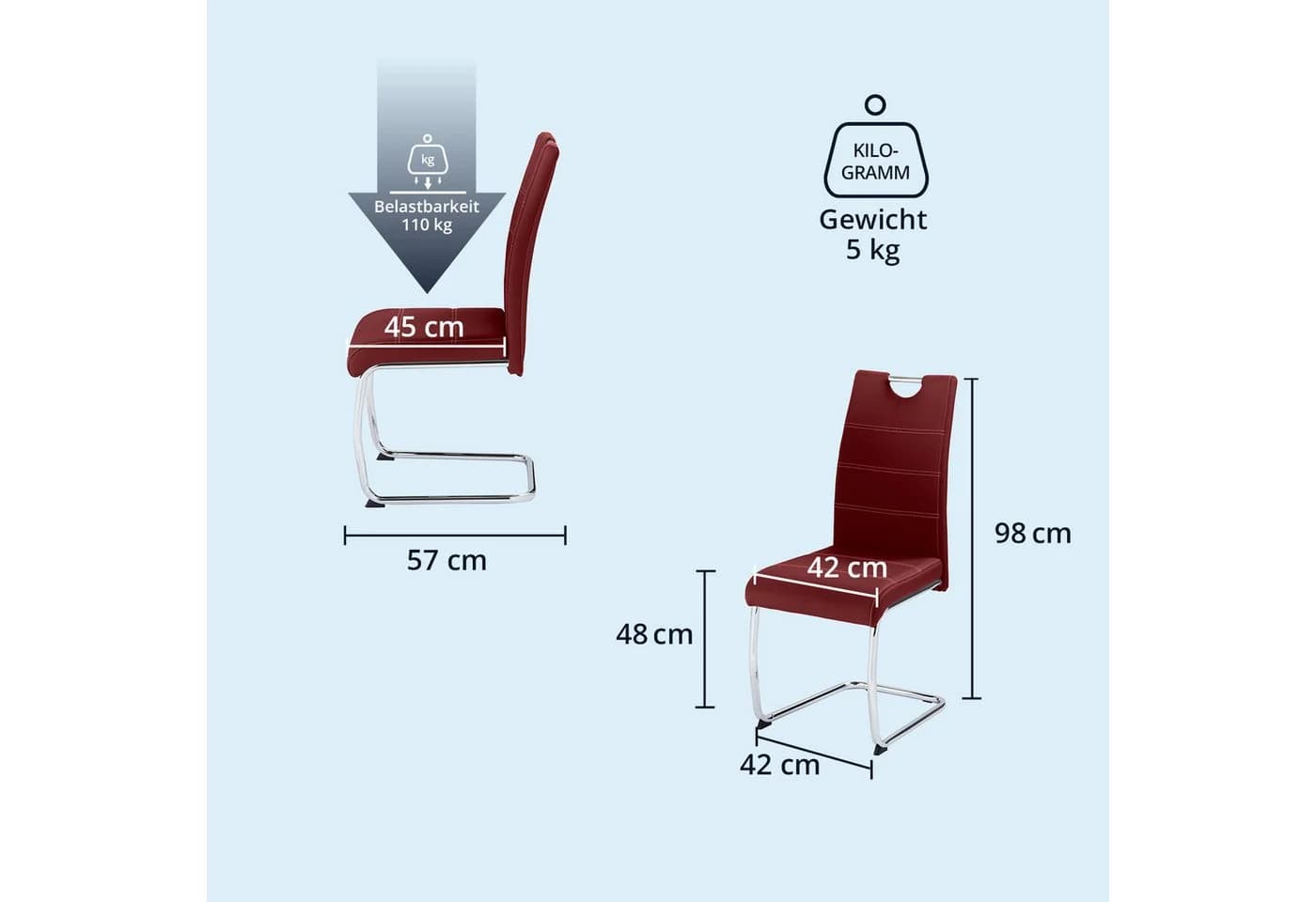 KHG Freischwinger Esszimmerstuhl Kunstleder Rot mit Metallgestell