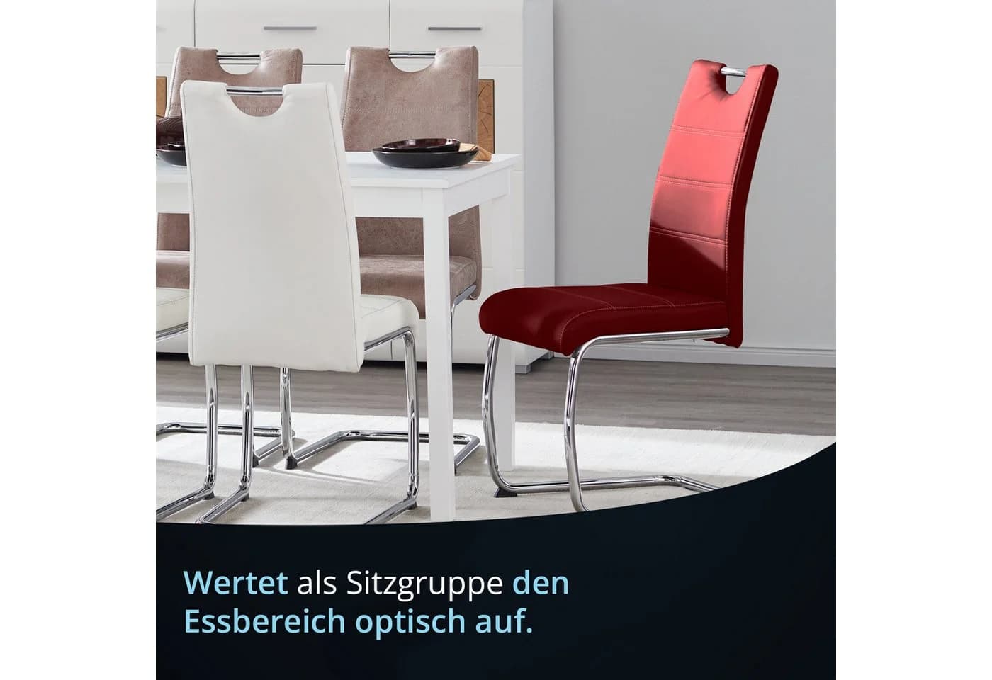 KHG Freischwinger Esszimmerstuhl Kunstleder Rot mit Metallgestell - Bild 3